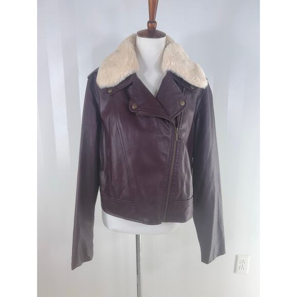 A NEW DAY Burgundy Faux Leather Zippered Jacket w/ Faux Fur Collar - Picture 1 of 12
